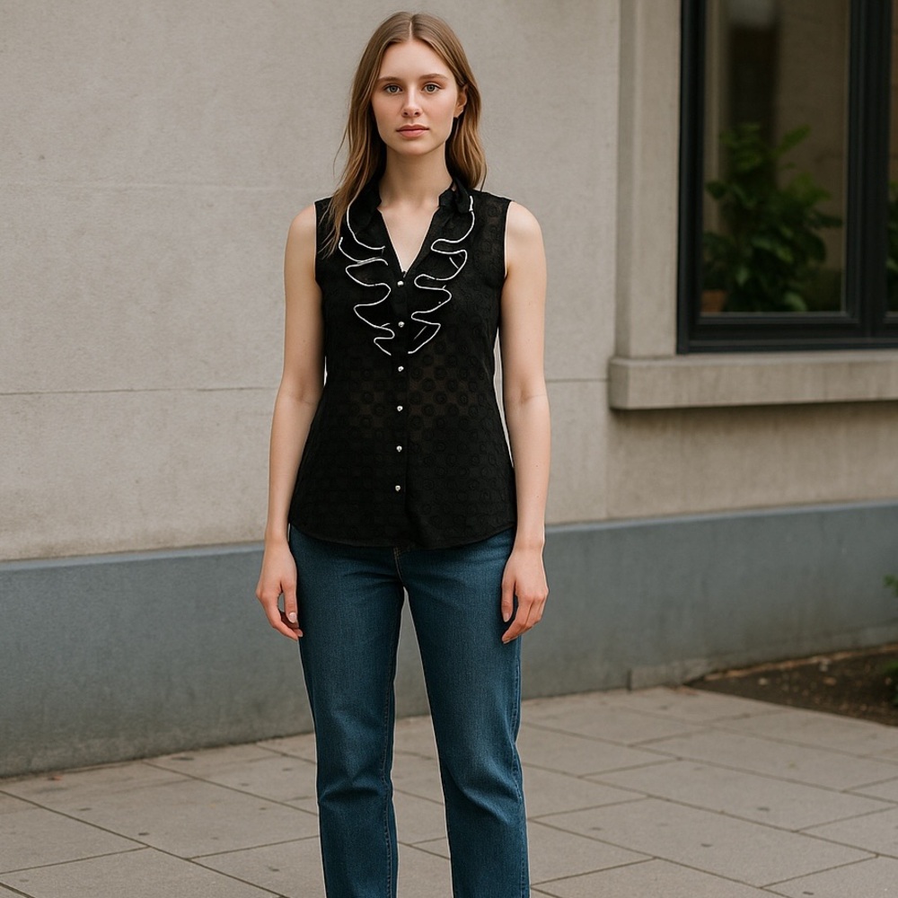 ECI New York Elegant Black Blouse with White Accents